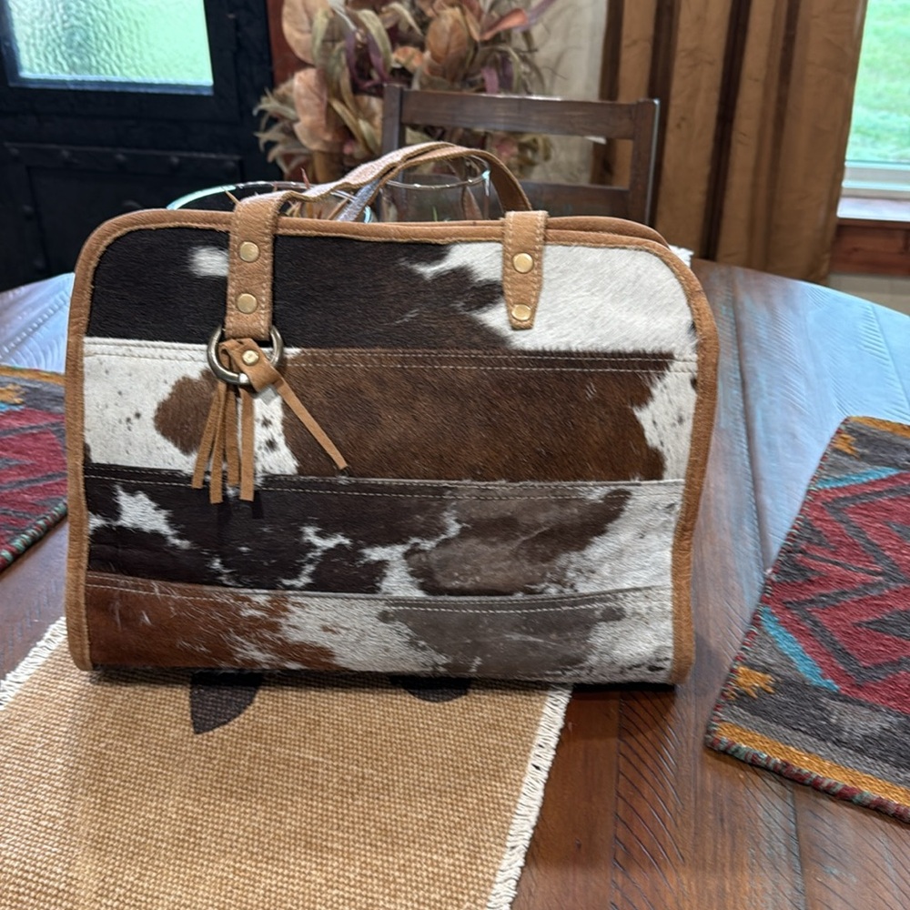 Cowhide and Tan Leather Tote - Picture 3 of 10